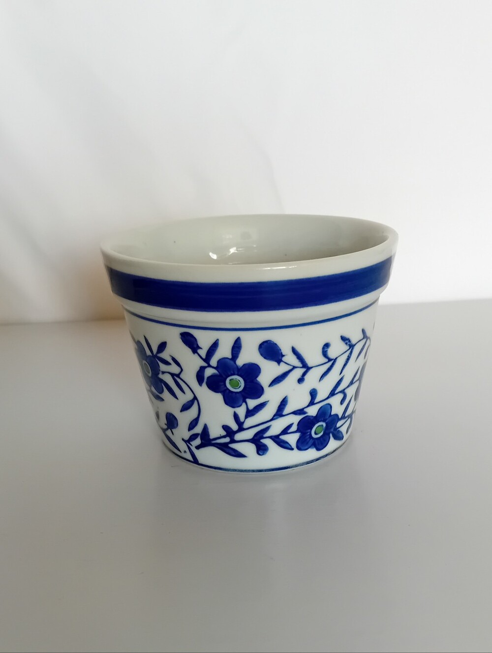 Blue and White Floral Ceramic Planter Hand Painted Folk Art Country Cottage